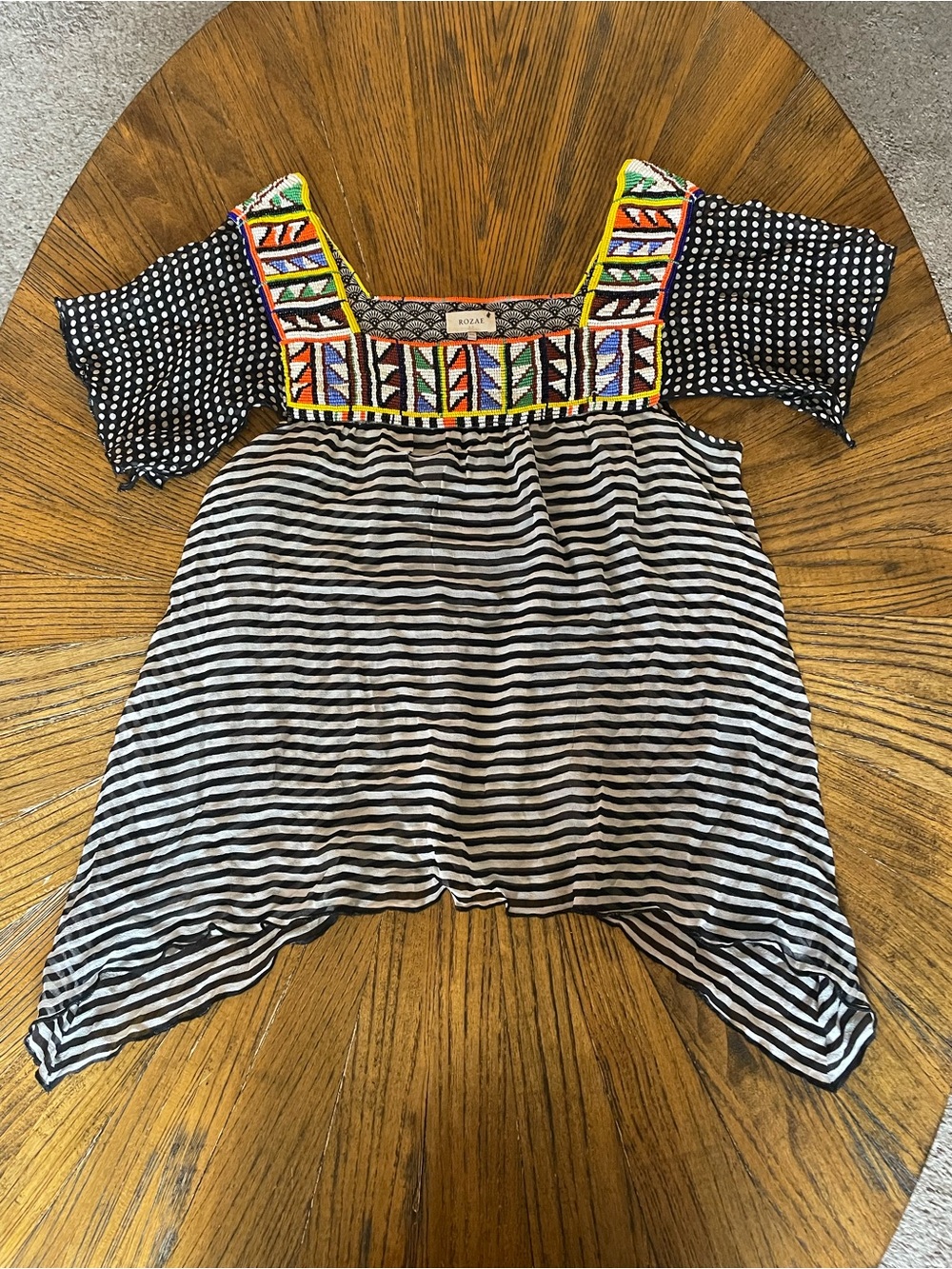Rozae Nichols Black & White Striped Silk Tunic with Colorful Beaded Yoke